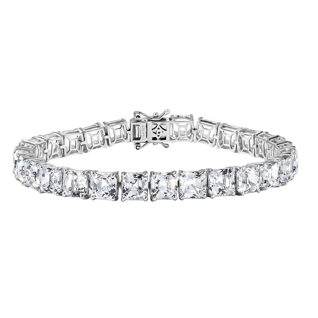 D'Joy Premium Asscher Cut White Topaz 38.50 ctw Eternal Spark Bracelet in Rhodium Over Sterling Silver (7.25 In)