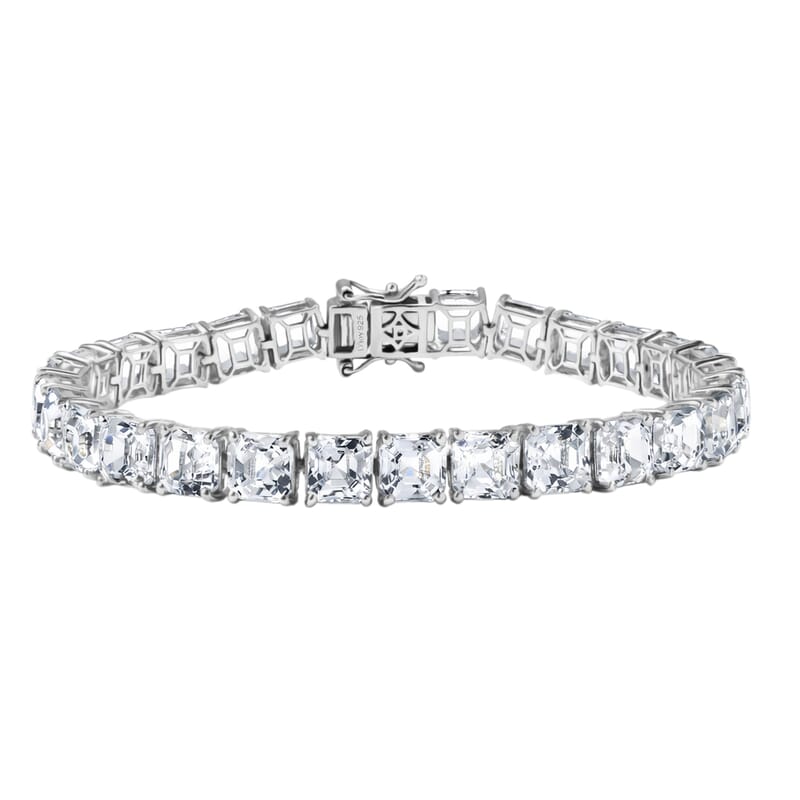 D'Joy Premium Asscher Cut White Topaz 38.50 ctw Eternal Spark Bracelet in Rhodium Over Sterling Silver (7.25 In)