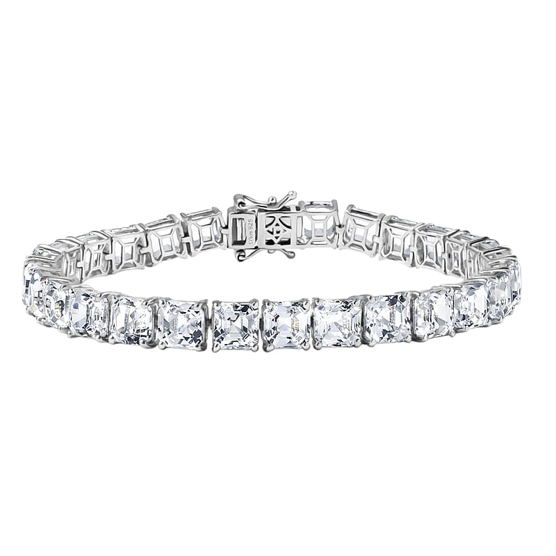 D'Joy Premium Asscher Cut White Topaz 38.50 ctw Eternal Spark Bracelet in Rhodium Over Sterling Silver (7.25 In)