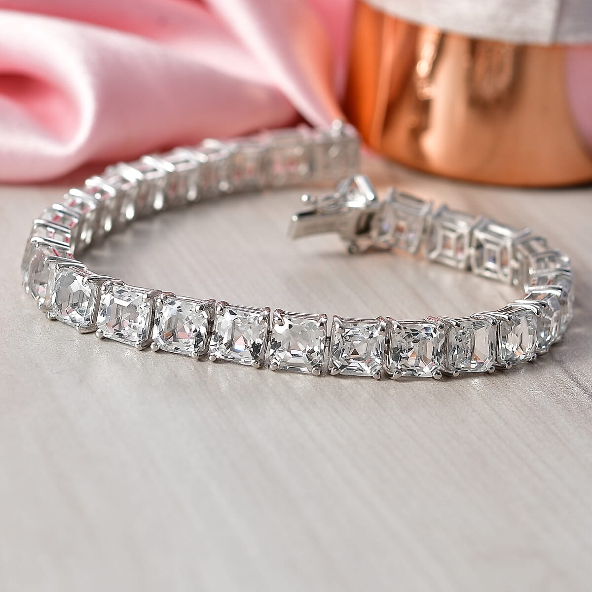 D'Joy Premium Asscher Cut White Topaz 39.70 ctw Eternal Spark Bracelet in Rhodium Over Sterling Silver (7.25 In) image number 1