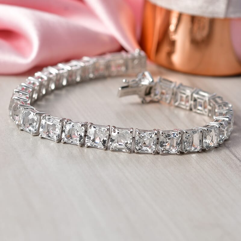 D'Joy Premium Asscher Cut White Topaz 38.50 ctw Eternal Spark Bracelet in Rhodium Over Sterling Silver (7.25 In)