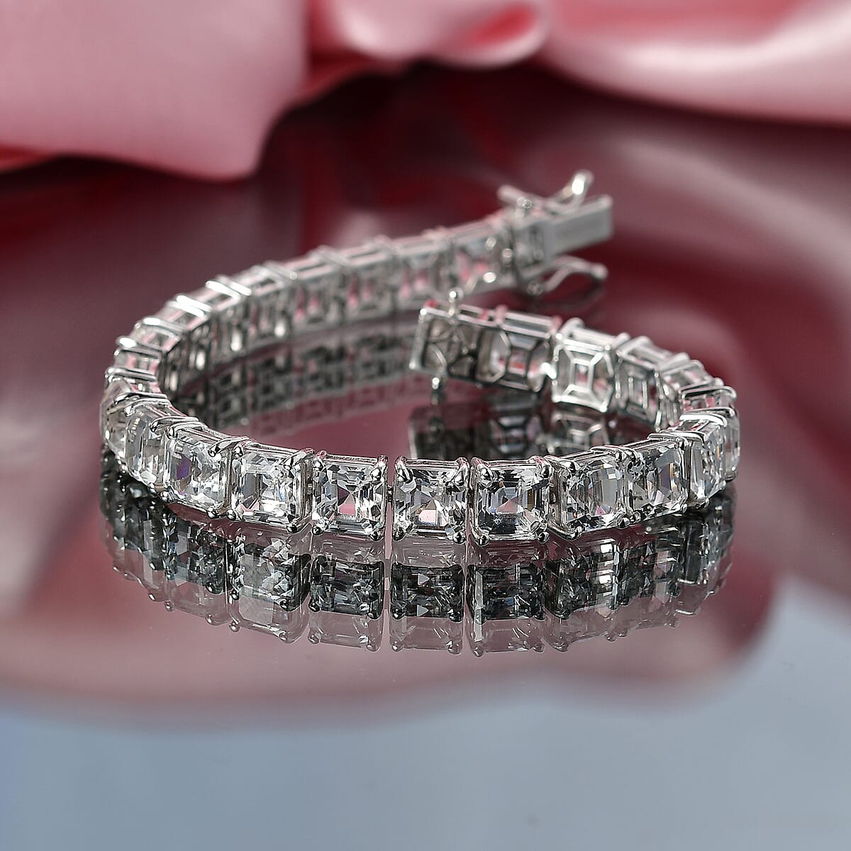 D'Joy Premium Asscher Cut White Topaz 41.50 ctw Eternal Spark Bracelet in Rhodium Over Sterling Silver (8.00 In) image number 1