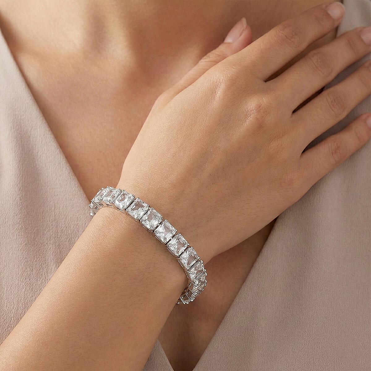 D'Joy Premium Asscher Cut White Topaz 41.50 ctw Eternal Spark Bracelet in Rhodium Over Sterling Silver (8.00 In) image number 2