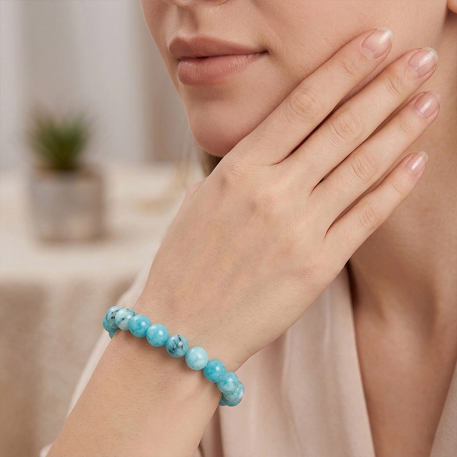Amazonite Color Chalcedony 135.00 ctw Beaded Stretch Bracelet