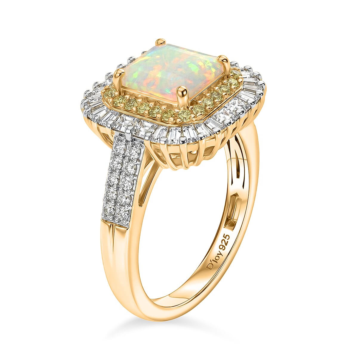 D'Joy Asscher Cut Premium Ethiopian Welo Opal and Multi Gemstone 2.75 ctw Prism Crown Ring in 18K Vermeil Yellow Gold Over Sterling Silver (Size 10.0)