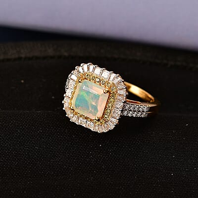 D'Joy Asscher Cut Premium Ethiopian Welo Opal and Multi Gemstone 2.75 ctw Prism Crown Ring in 18K Vermeil Yellow Gold Over Sterling Silver (Size 7.0)