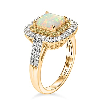 D'Joy Asscher Cut Premium Ethiopian Welo Opal and Multi Gemstone 2.75 ctw Prism Crown Ring in 18K Vermeil Yellow Gold Over Sterling Silver (Size 7.0)