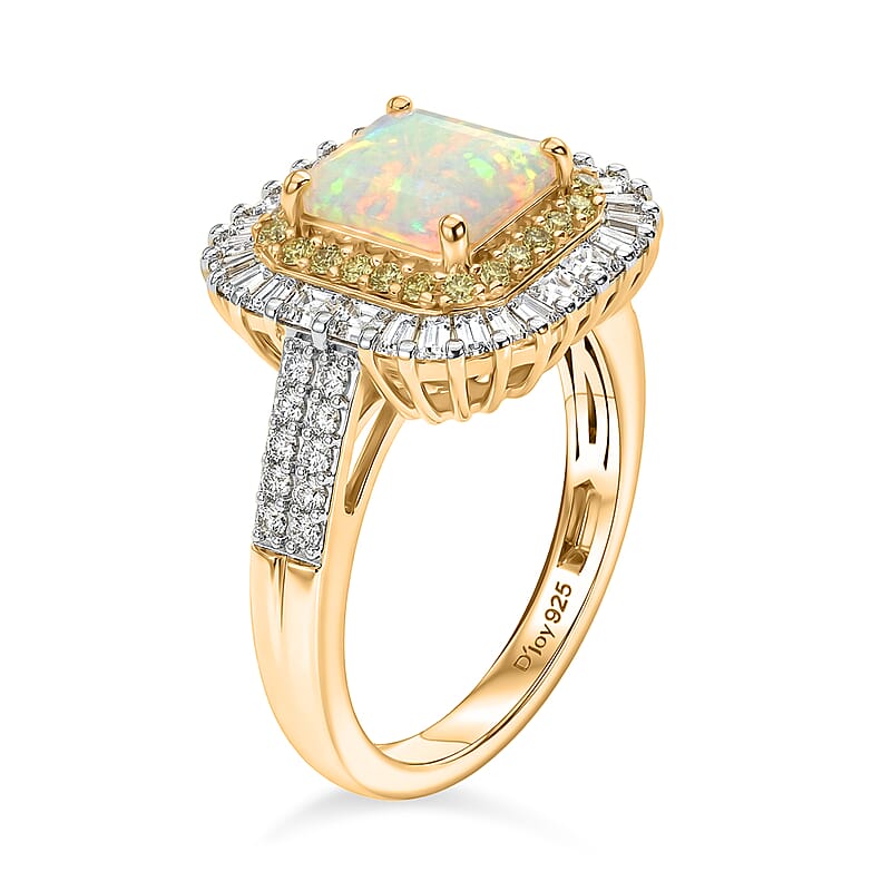 D'Joy Asscher Cut Premium Ethiopian Welo Opal and Multi Gemstone 2.75 ctw Prism Crown Ring in 18K Vermeil Yellow Gold Over Sterling Silver (Size 7.0)