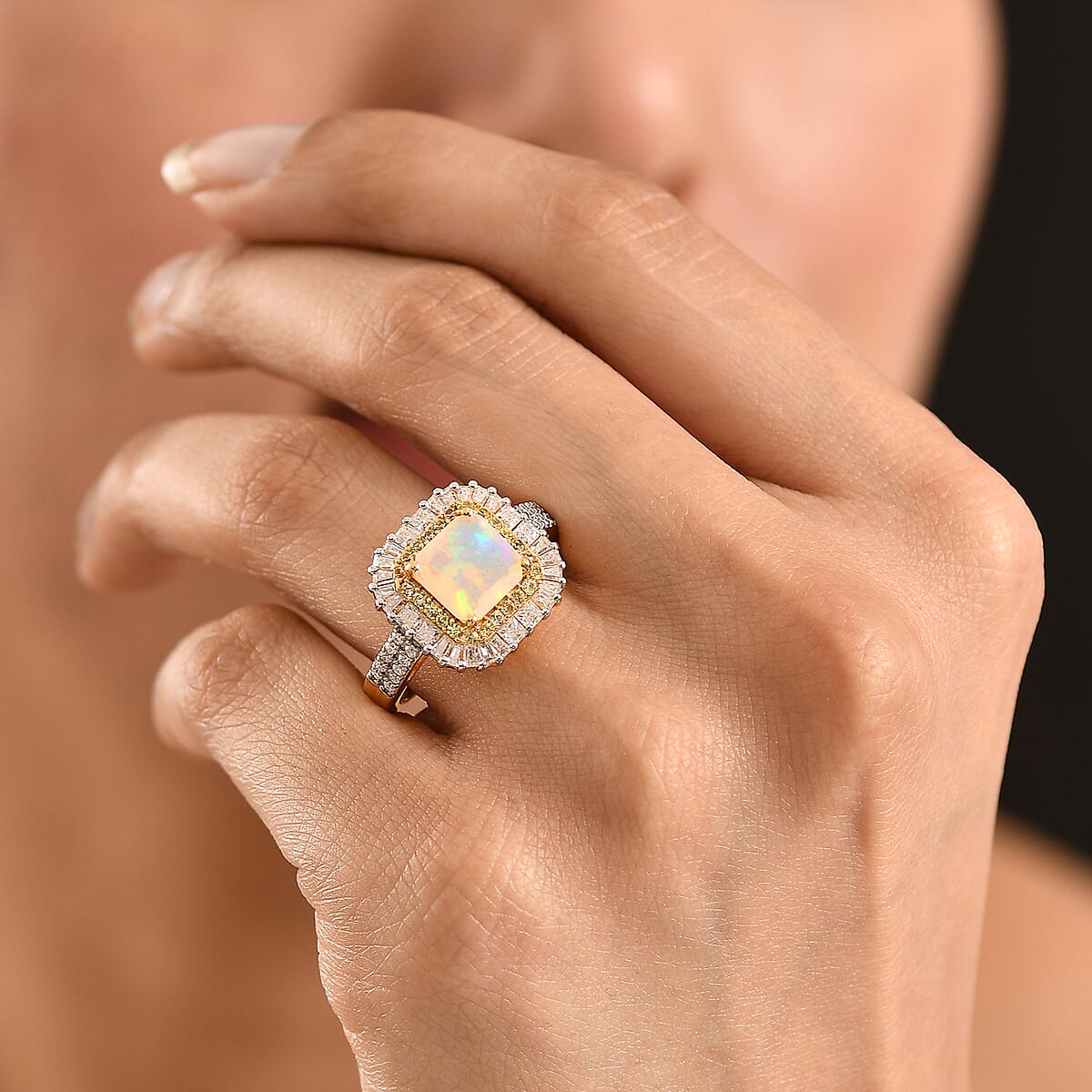 D'Joy Premium Ethiopian Welo Opal and Multi Gemstone 2.75 ctw Prism Crown Ring in 18K Vermeil Yellow Gold Over Sterling Silver (Size 9.0) image number 2