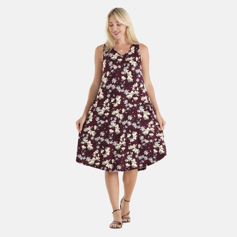 La Marey Burgundy Floral Print Knit House Dress with Pockets - One Size Fits Most