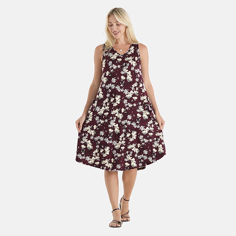 La Marey Burgundy Floral Print Knit House Dress with Pockets - One Size Fits Most