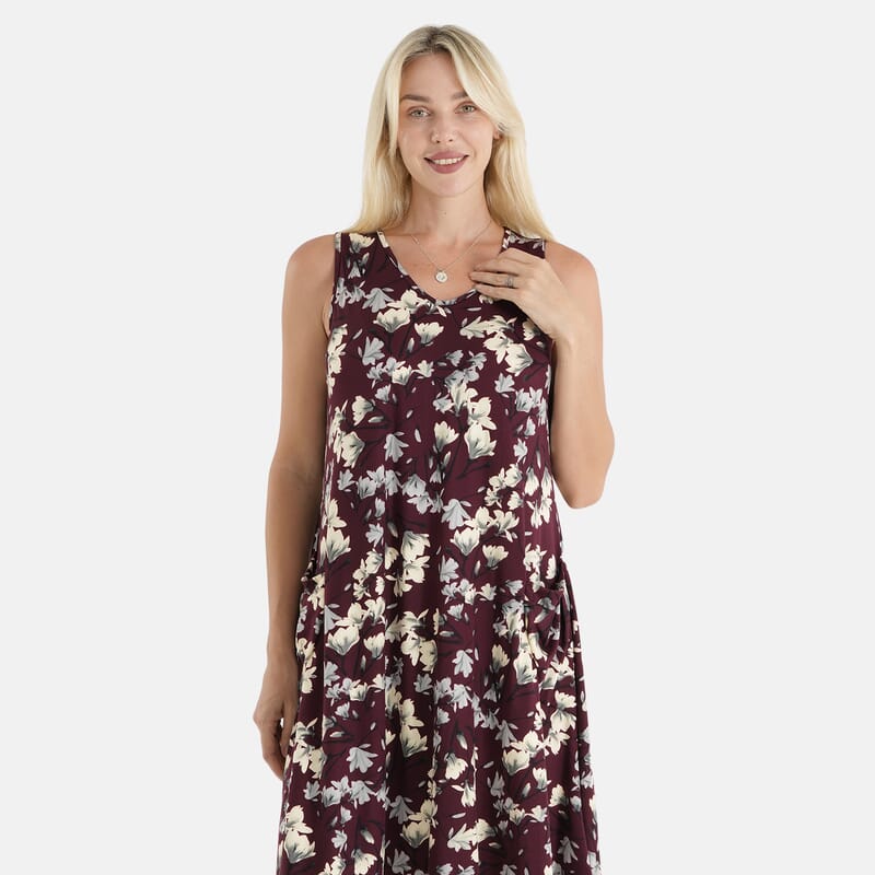 La Marey Burgundy Floral Print Knit House Dress with Pockets - One Size Fits Most
