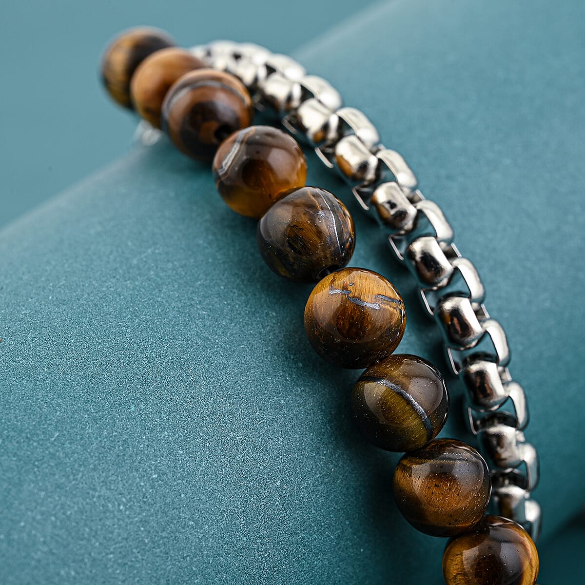 Tigers Eye 32.00 ctw Beaded Bracelet in Stainless Steel (8-9In) image number 1