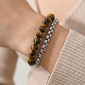 Tigers Eye 32.00 ctw Beaded Bracelet in Stainless Steel (8-9In)