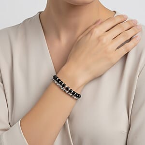Black Onyx 28.00 ctw Beaded Bracelet in Stainless Steel (8-9In)