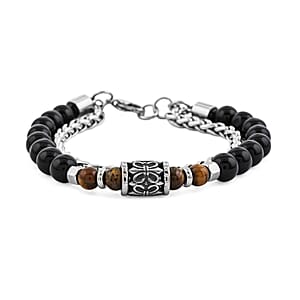 Tigers Eye and Black Onyx 32.80 ctw Beaded Bracelet in Stainless Steel (8-9In)