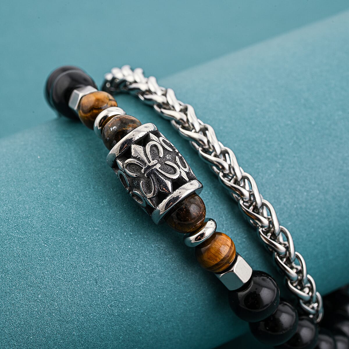 Tigers Eye and Black Onyx 32.80 ctw Beaded Bracelet in Stainless Steel (8-9In) image number 1