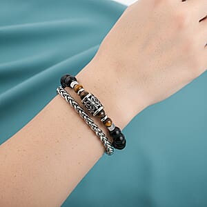 Tigers Eye and Black Onyx 32.80 ctw Beaded Bracelet in Stainless Steel (8-9In)