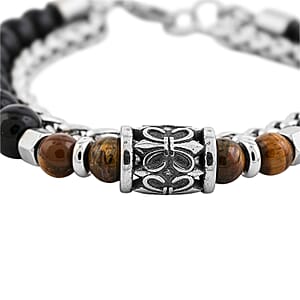 Tigers Eye and Black Onyx 32.80 ctw Beaded Bracelet in Stainless Steel (8-9In)