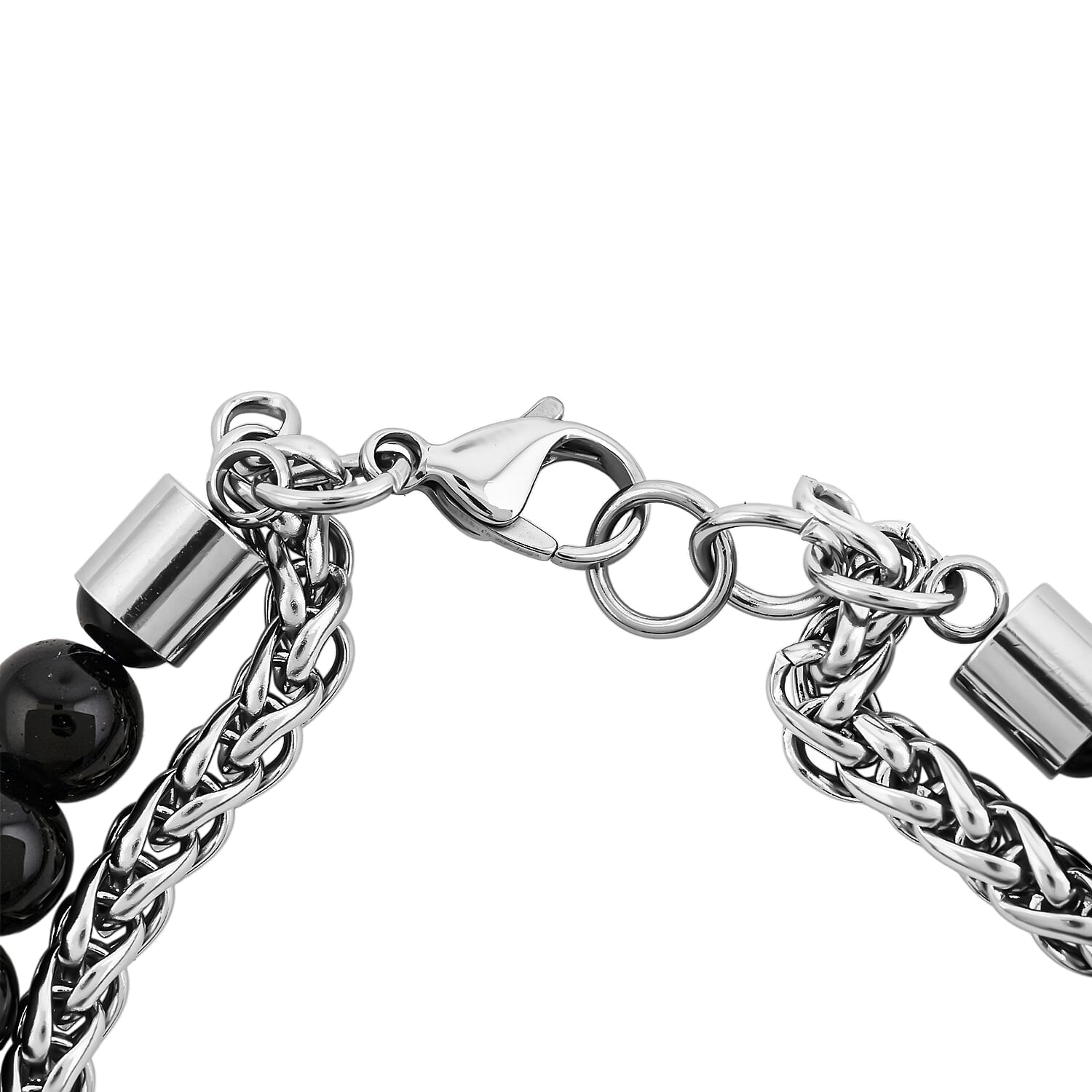 Tigers Eye and Black Onyx 32.80 ctw Beaded Bracelet in Stainless Steel (8-9In)