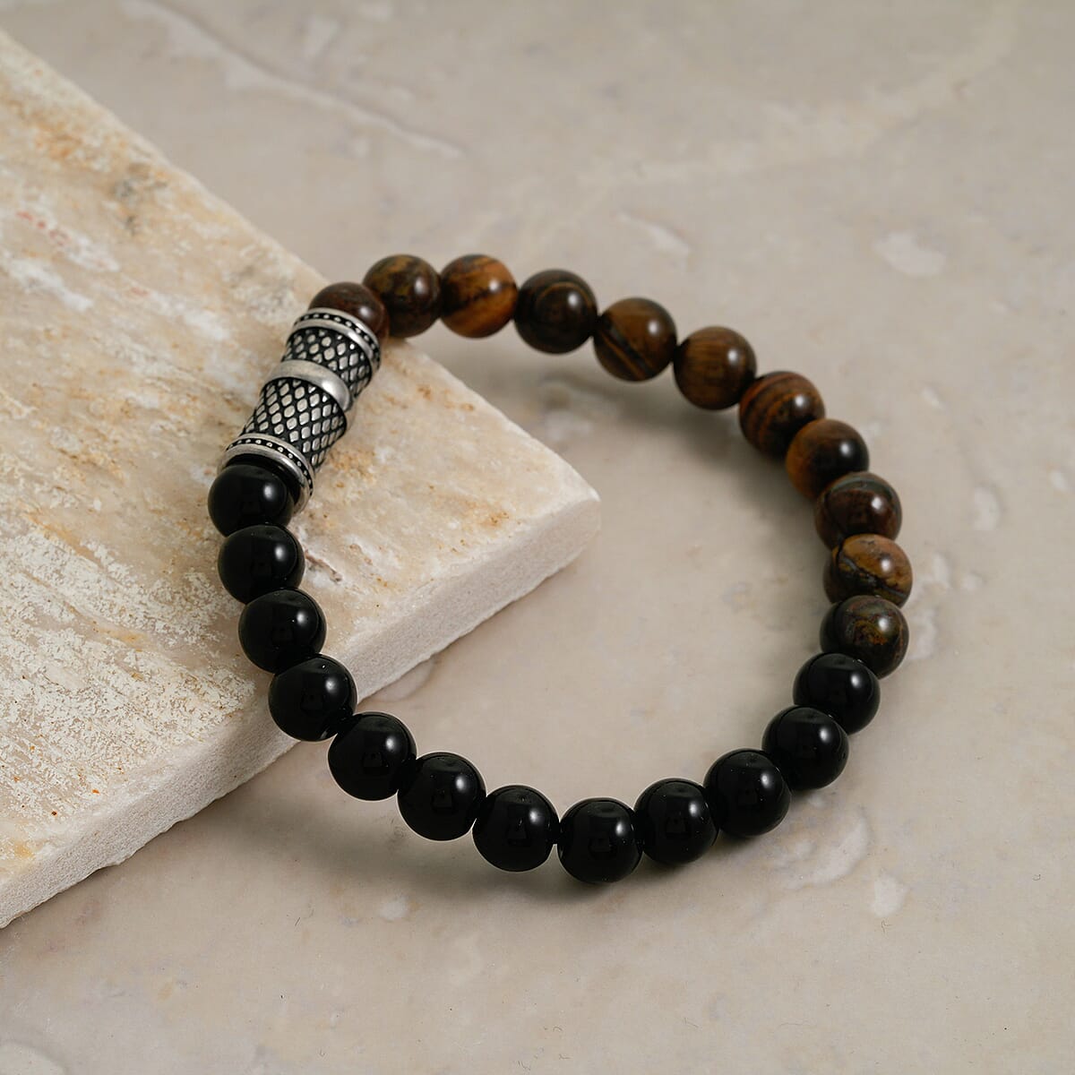 Tigers Eye and Black Onyx 41.40 ctw Beaded Stretch Bracelet in Stainless Steel (8-10In) image number 1
