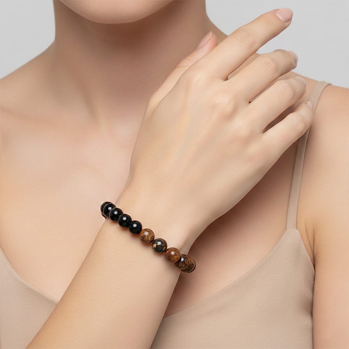 Tigers Eye and Black Onyx 41.40 ctw Beaded Stretch Bracelet in Stainless Steel (8-10In) image number 2