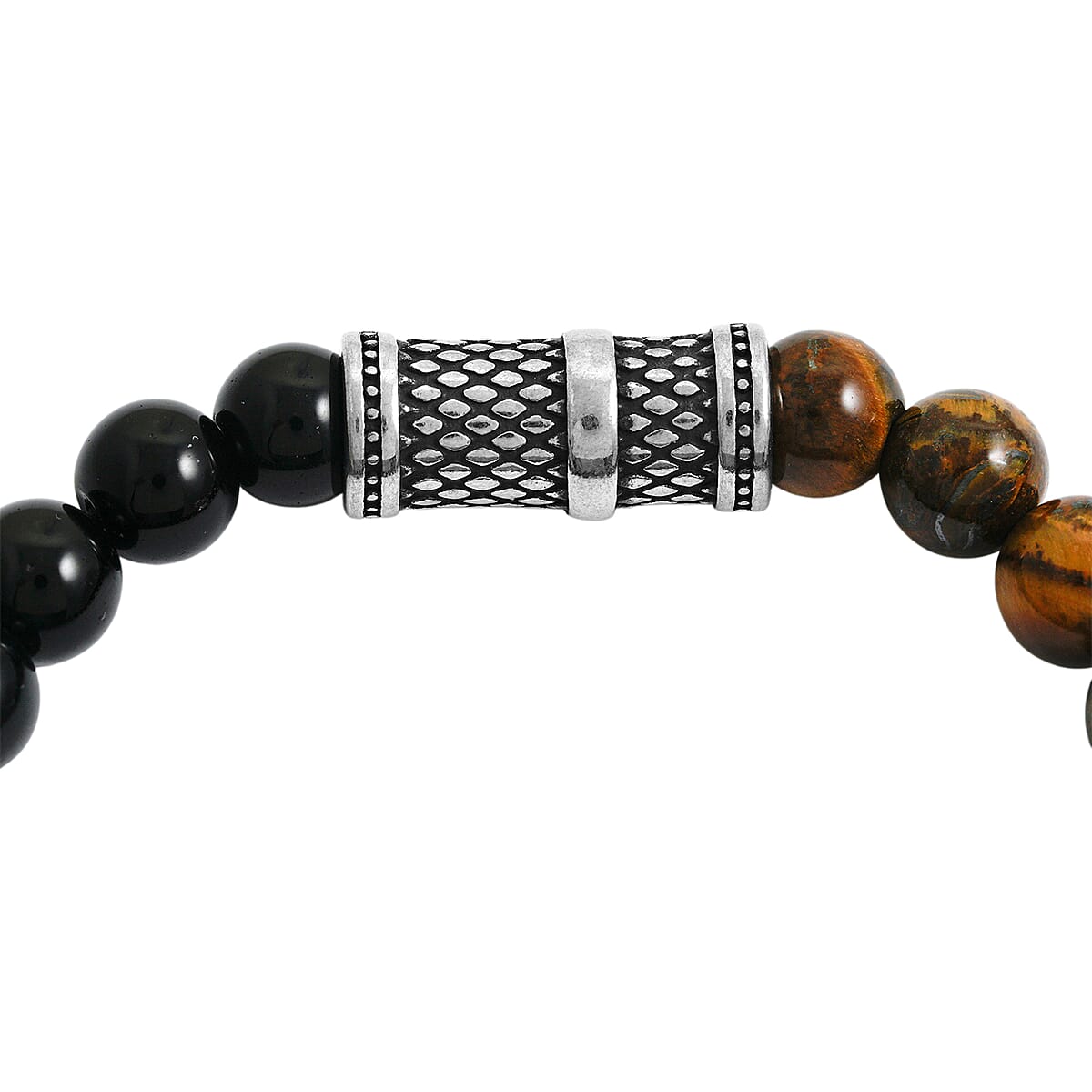 Tigers Eye and Black Onyx 41.40 ctw Beaded Stretch Bracelet in Stainless Steel (8-10In) image number 4