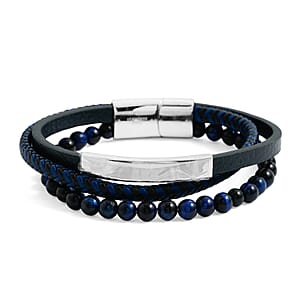 Lapis Lazuli 55.80 ctw Black Leather Cord Bracelet in Stainless Steel (8.50 In)