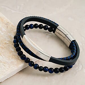 Lapis Lazuli 55.80 ctw Black Leather Cord Bracelet in Stainless Steel (8.50 In)