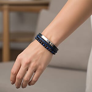 Lapis Lazuli 55.80 ctw Black Leather Cord Bracelet in Stainless Steel (8.50 In)