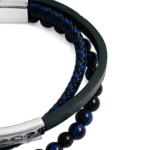 Lapis Lazuli 55.80 ctw Black Leather Cord Bracelet in Stainless Steel (8.50 In)