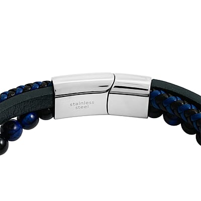 Lapis Lazuli 55.80 ctw Black Leather Cord Bracelet in Stainless Steel (8.50 In)