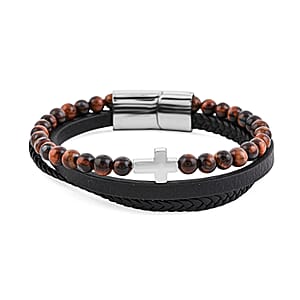 Tigers Eye 55.80 ctw Black Leather Cord Bracelet in Stainless Steel (8.50 In)