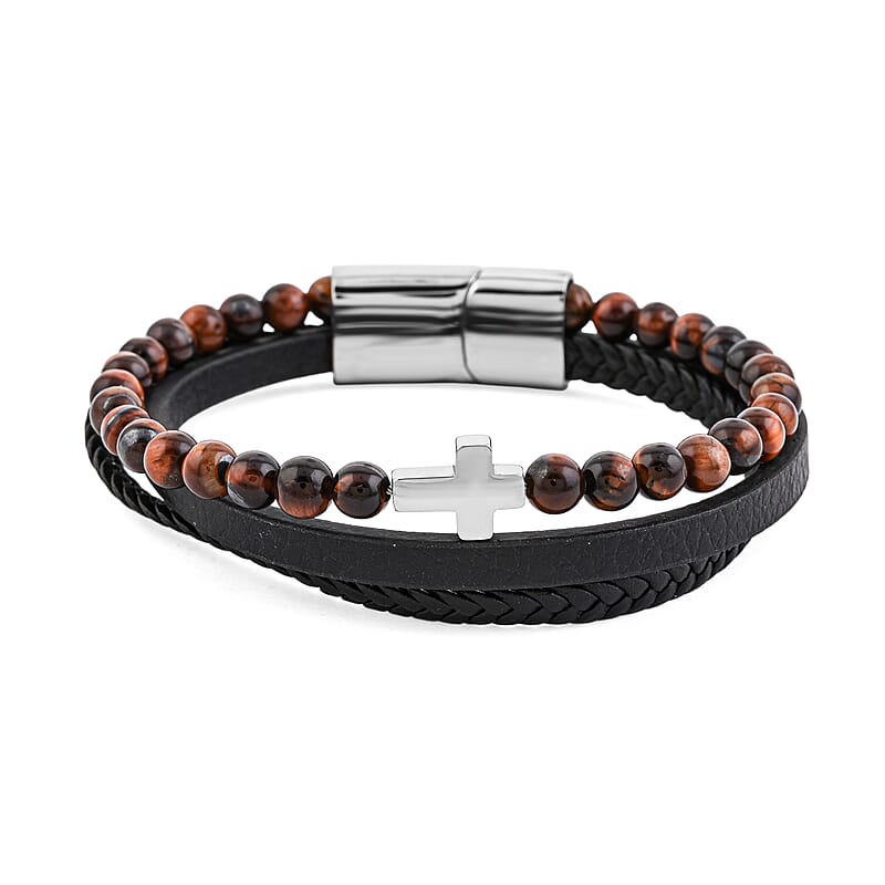 Tigers Eye 55.80 ctw Black Leather Cord Bracelet in Stainless Steel (8.50 In)