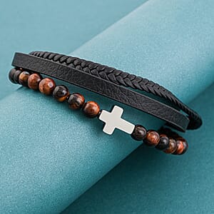 Tigers Eye 55.80 ctw Black Leather Cord Bracelet in Stainless Steel (8.50 In)