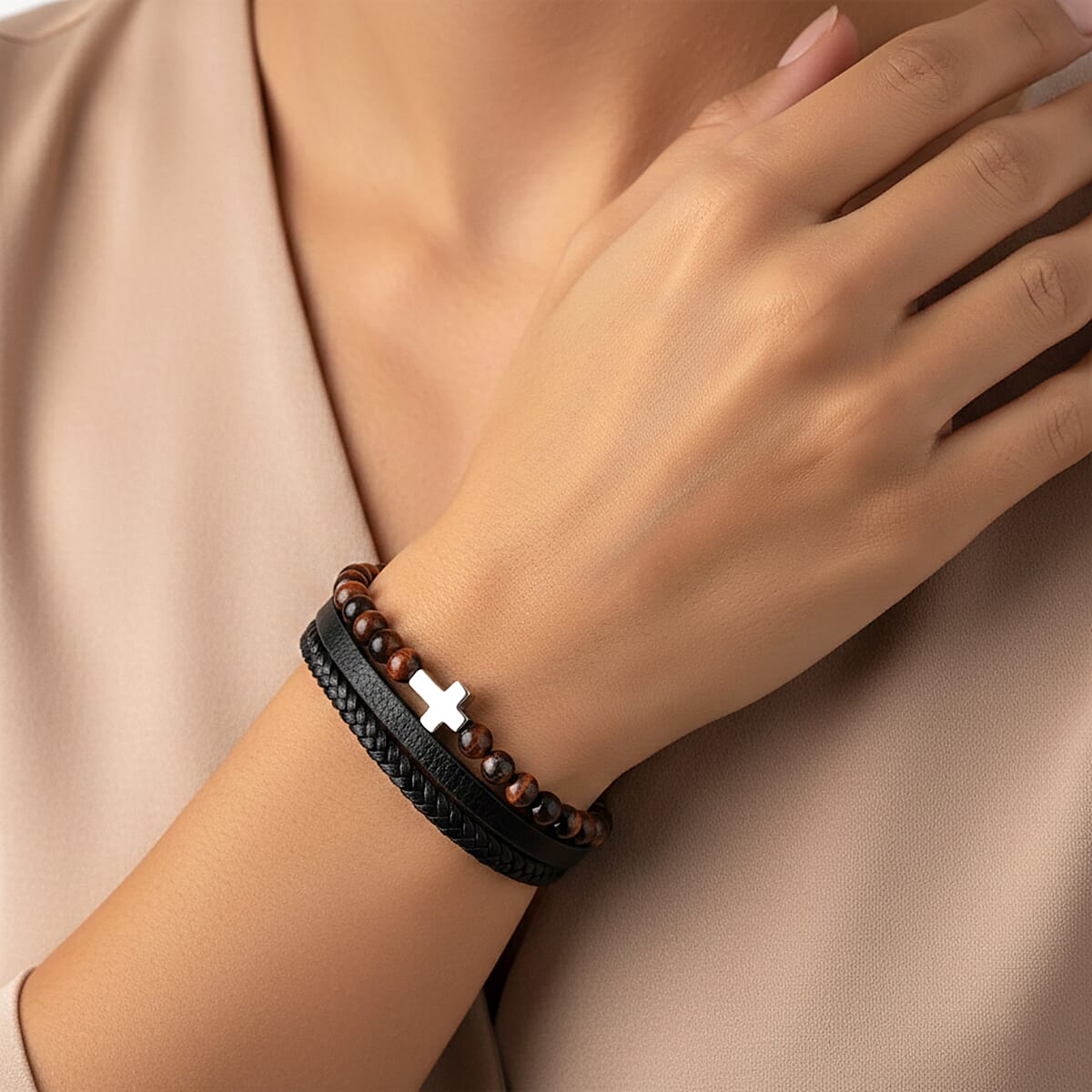 Tigers Eye 55.80 ctw Black Leather Cord Bracelet in Stainless Steel (8.50 In) image number 2