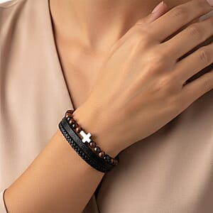 Tigers Eye 55.80 ctw Black Leather Cord Bracelet in Stainless Steel (8.50 In)