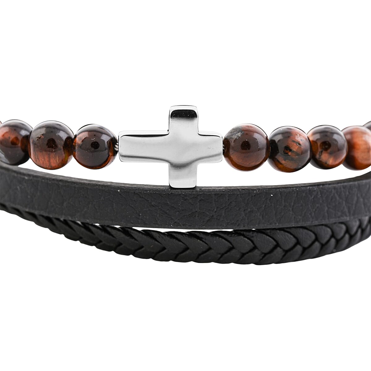 Tigers Eye 55.80 ctw Black Leather Cord Bracelet in Stainless Steel (8.50 In) image number 3