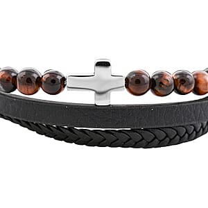 Tigers Eye 55.80 ctw Black Leather Cord Bracelet in Stainless Steel (8.50 In)