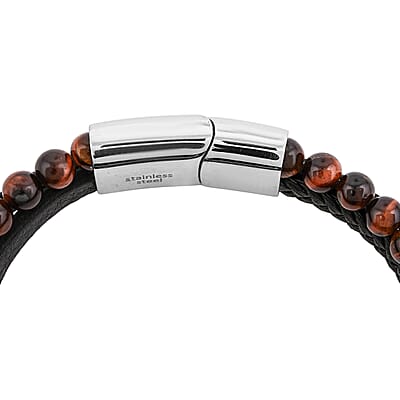Tigers Eye 55.80 ctw Black Leather Cord Bracelet in Stainless Steel (8.50 In)