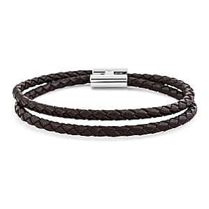 Brown Leather Bracelet in Stainless Steel (7.00 In)
