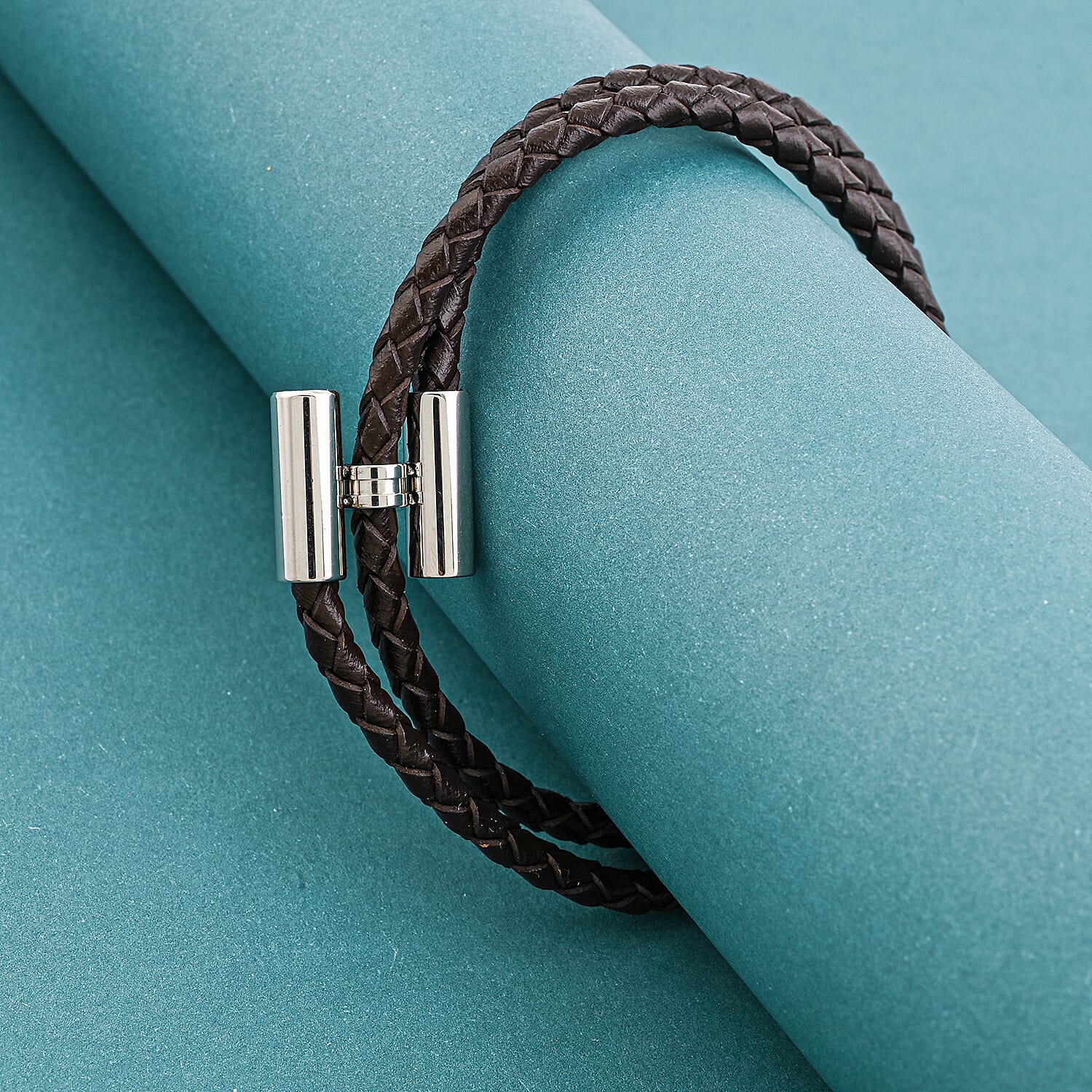 Brown Leather Bracelet in Stainless Steel (7.00 In)