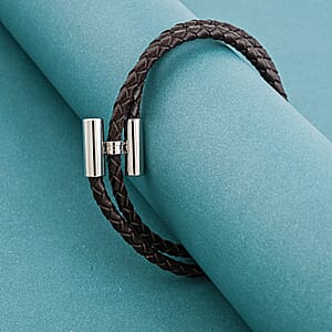 Brown Leather Bracelet in Stainless Steel (7.00 In)