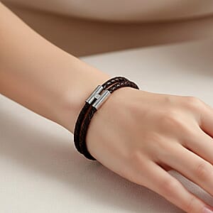 Brown Leather Bracelet in Stainless Steel (7.00 In)