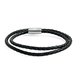 Black Leather Bracelet in Stainless Steel (7.00 In)