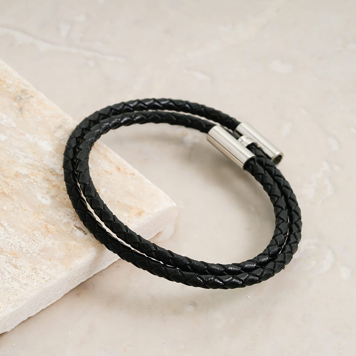 Black Leather Bracelet in Stainless Steel (7.00 In) image number 1
