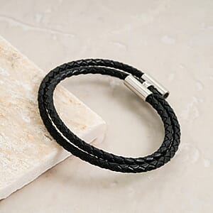 Black Leather Bracelet in Stainless Steel (7.00 In)