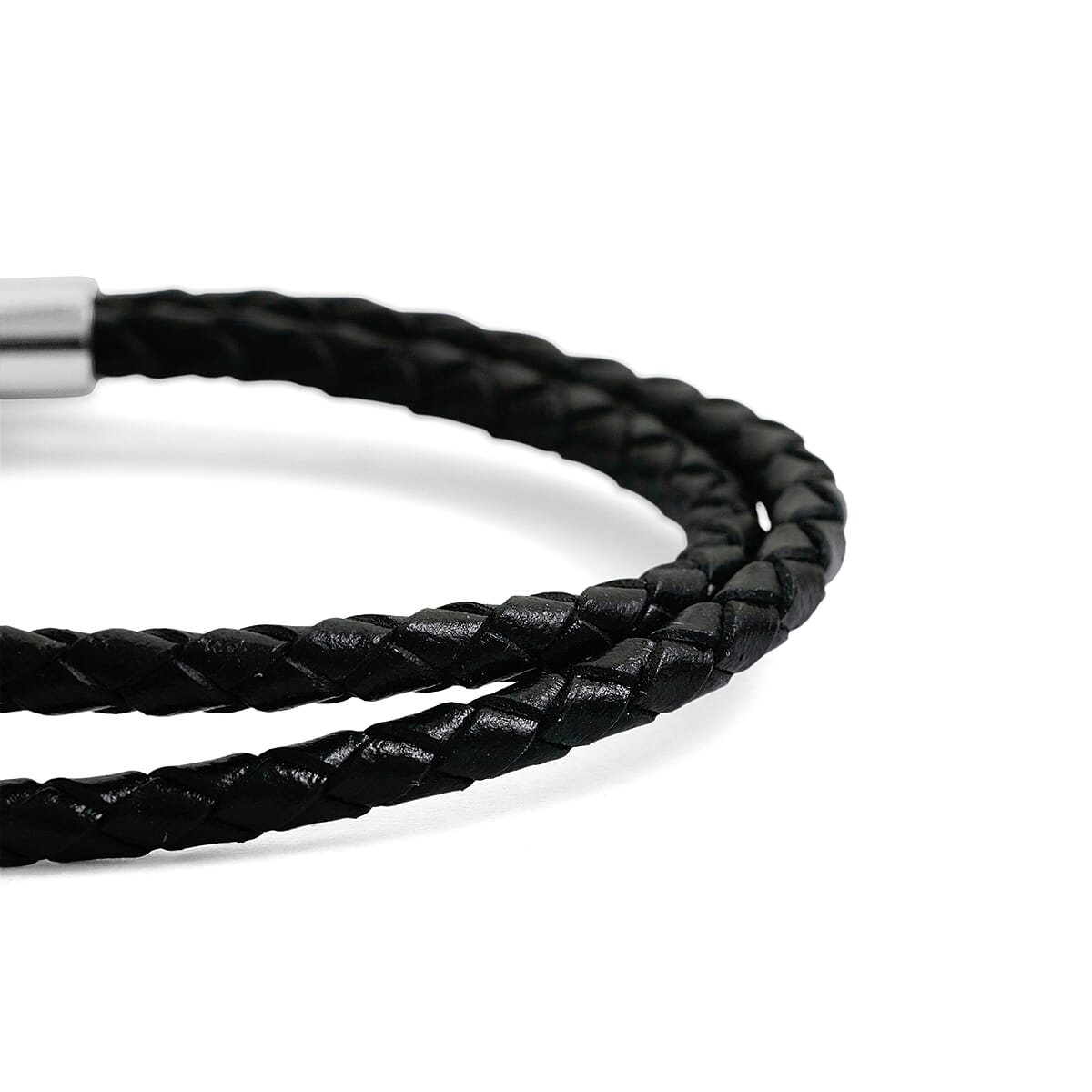 Black Leather Bracelet in Stainless Steel (7.00 In) image number 3