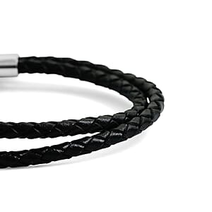 Black Leather Bracelet in Stainless Steel (7.00 In)