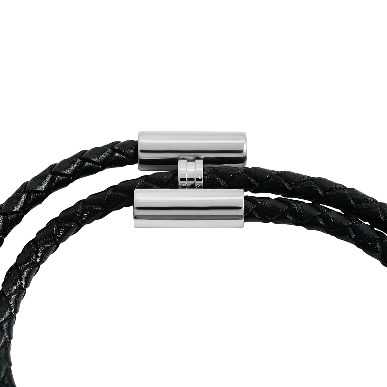 Black Leather Bracelet in Stainless Steel (7.00 In)